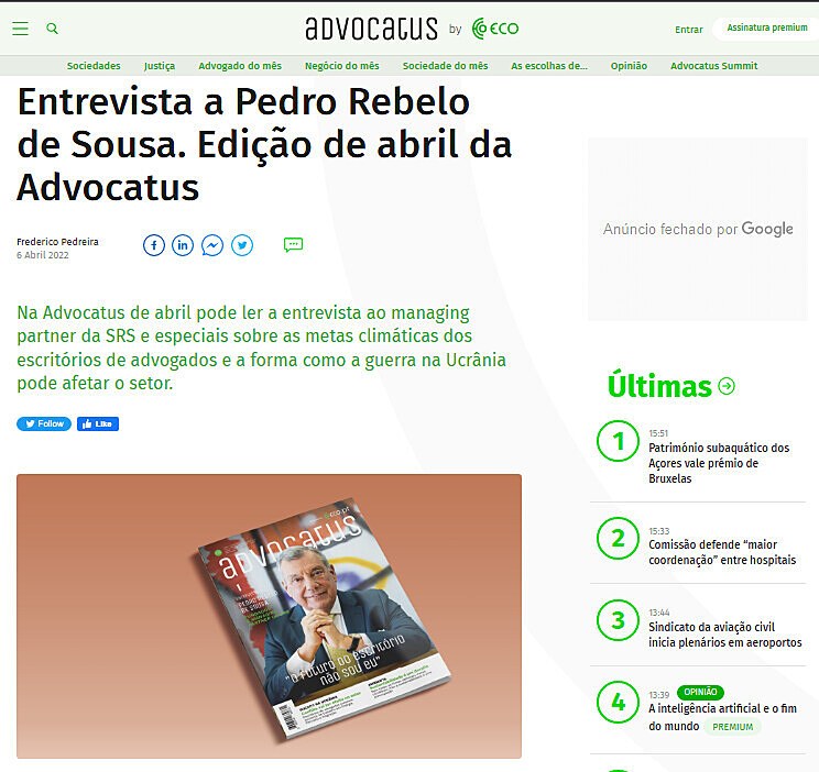 Entrevista a Pedro Rebelo de Sousa. Edio de abril da Advocatus